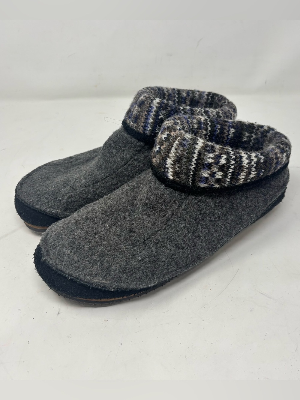 ACORN Women’s Gray Blue Knit Cuff Suede Wool Blend Comfort Slippers Shoes Sz 10